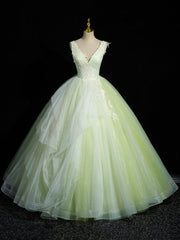 Prom Dress Blush, Green V-Neck Tulle Lace Long Prom Dress, A-Line Sleeveless Evening Dress