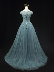 Party Dress Inspiration, Blue Scoop Neckline Tulle Lace Long Prom Dress, Beautiful Lace Formal Evening Dress