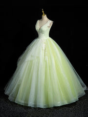 Prom Dresses 2042 Long Sleeve, Green V-Neck Tulle Lace Long Prom Dress, A-Line Sleeveless Evening Dress