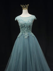 Party Dress Styles, Blue Scoop Neckline Tulle Lace Long Prom Dress, Beautiful Lace Formal Evening Dress