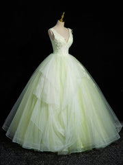 Prom Dresses Blue Lace, Green V-Neck Tulle Lace Long Prom Dress, A-Line Sleeveless Evening Dress