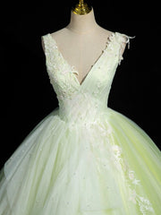 Prom Dresses Blushes, Green V-Neck Tulle Lace Long Prom Dress, A-Line Sleeveless Evening Dress