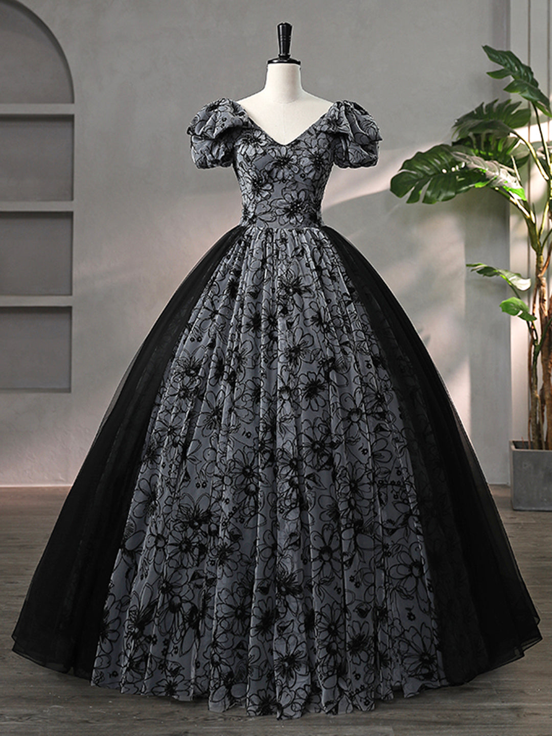 Bridesmaid Dress Online, Beautiful Black Rhinestone Flower Prom Dress, Black V-Neck Short Sleeve Evening Dress