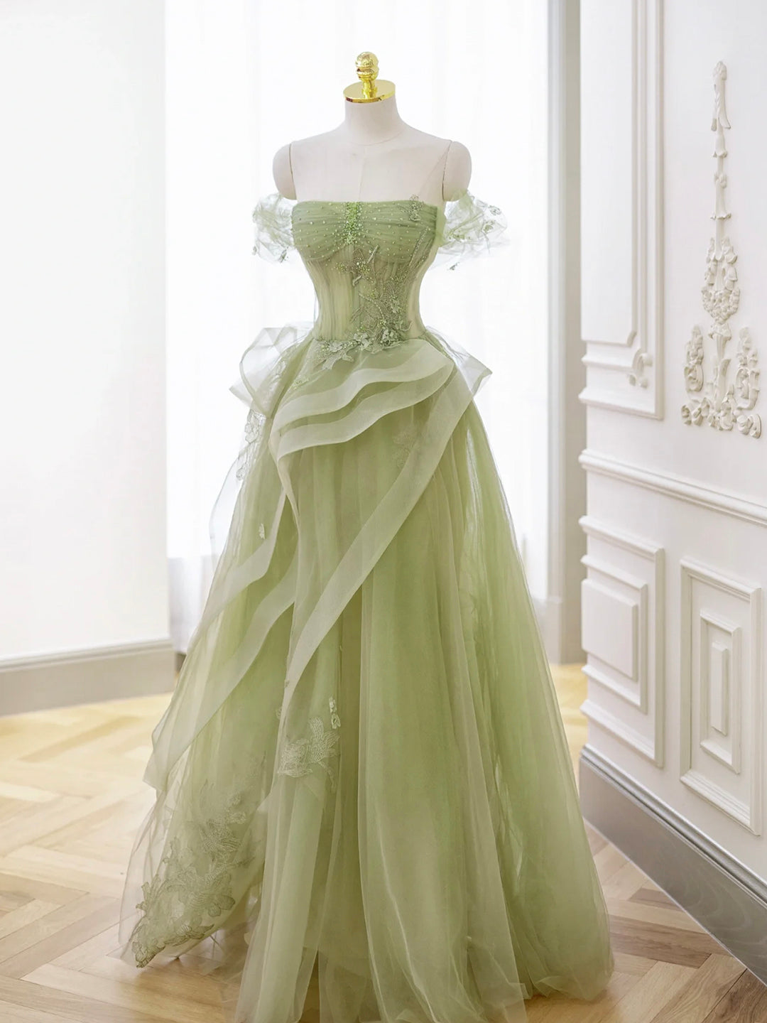 Prom Dress Long Sleeves, Green Tulle Long Floor Length Prom Dress, Beautiful A-Line Evening Party Dress with Lace