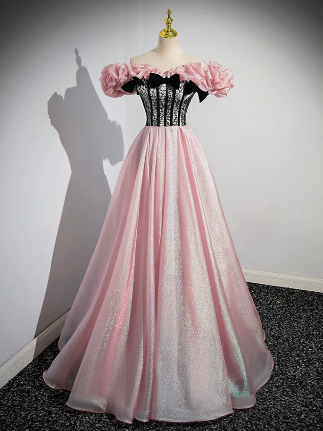 Prom Dresses Brown, A-Line Shiny Tulle Long Pink Corset Prom Dress, Off the Shoulder Pink Evening Dress