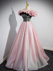 Red Prom Dress, A-Line Shiny Tulle Long Pink Corset Prom Dress, Off the Shoulder Pink Evening Dress