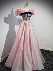 Black Dress, A-Line Shiny Tulle Long Pink Corset Prom Dress, Off the Shoulder Pink Evening Dress