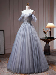 Prom Dresses Near Me, Gray Tulle Off Shoulder Beaded Party Dress, A-Line Tulle Formal Dress Prom Dress