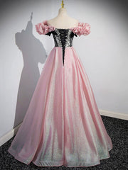 Prom Dresses For Kids, A-Line Shiny Tulle Long Pink Corset Prom Dress, Off the Shoulder Pink Evening Dress
