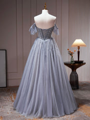 Prom Dress Near Me, Gray Tulle Off Shoulder Beaded Party Dress, A-Line Tulle Formal Dress Prom Dress