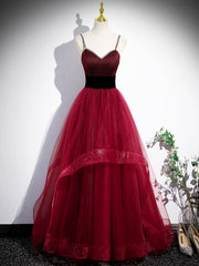 Formal Dress Black Dress, Burgundy Spaghetti Strap Tulle Long Corset Prom Dress, A-Line Evening Party Dress