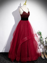 Formal Dressed Long Gowns, Burgundy Spaghetti Strap Tulle Long Corset Prom Dress, A-Line Evening Party Dress