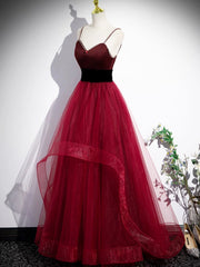 Formal Dress Classy, Burgundy Spaghetti Strap Tulle Long Corset Prom Dress, A-Line Evening Party Dress