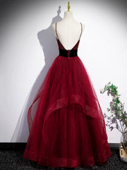 Formal Dress Long Gown, Burgundy Spaghetti Strap Tulle Long Corset Prom Dress, A-Line Evening Party Dress