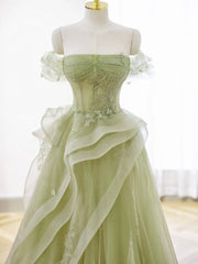 Prom Dress Long Sleeved, Green Tulle Long Floor Length Prom Dress, Beautiful A-Line Evening Party Dress with Lace