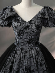 Bridesmaid Dresses Color Schemes, Beautiful Black Rhinestone Flower Prom Dress, Black V-Neck Short Sleeve Evening Dress