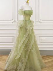 Prom Dress Long Sleeve, Green Tulle Long Floor Length Prom Dress, Beautiful A-Line Evening Party Dress with Lace