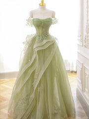 Prom Dresses Shiny, Green Tulle Long Floor Length Prom Dress, Beautiful A-Line Evening Party Dress with Lace