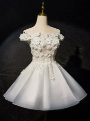 Party Dresses Christmas, White Flowers Lace Short Prom Dress, Lovely A-Line Evening Party Dress