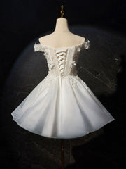 Party Dress After Wedding, White Flowers Lace Short Prom Dress, Lovely A-Line Evening Party Dress