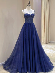 Party Dress In Store, Blue Spaghetti Straps Tulle Beaded Long Formal Dress, Blue A-Line Evening Dress with Corset