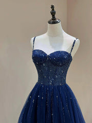 Party Dresses In Store, Blue Spaghetti Straps Tulle Beaded Long Formal Dress, Blue A-Line Evening Dress with Corset
