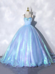 Bridesmaid Dresses Ideas, Beautiful  Shiny Blue Tulle Long Formal Dress, A-Line Spaghetti Strap Sweetheart Princess Dress