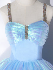 Bridesmaid Dresses Online, Beautiful  Shiny Blue Tulle Long Formal Dress, A-Line Spaghetti Strap Sweetheart Princess Dress
