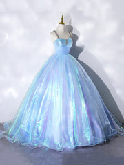 Bridesmaid Dresses Fall, Beautiful  Shiny Blue Tulle Long Formal Dress, A-Line Spaghetti Strap Sweetheart Princess Dress