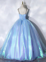 Bridesmaid Dresses Pink, Beautiful  Shiny Blue Tulle Long Formal Dress, A-Line Spaghetti Strap Sweetheart Princess Dress