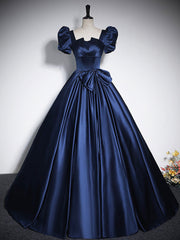 Prom Dress Unique, Elegant Blue Satin Floor-Length Prom Dresses, Square Neckline Puffy Short Sleeve Bow Formal Dresses