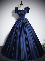 Prom Dress Cheap, Elegant Blue Satin Floor-Length Prom Dresses, Square Neckline Puffy Short Sleeve Bow Formal Dresses