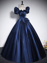 Prom Dress Beautiful, Elegant Blue Satin Floor-Length Prom Dresses, Square Neckline Puffy Short Sleeve Bow Formal Dresses