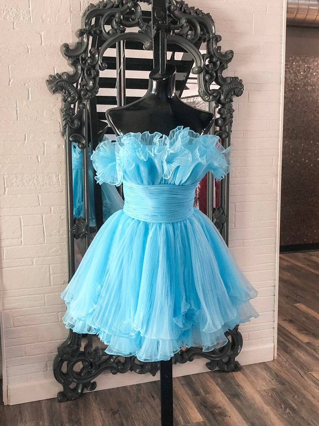 Vintage Dress, Lovely Blue Strapless A-Line Short Prom Dress, Organza Pleated Ruffle Tiered  Homecoming Dress