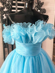 Classy Prom Dress, Lovely Blue Strapless A-Line Short Prom Dress, Organza Pleated Ruffle Tiered  Homecoming Dress