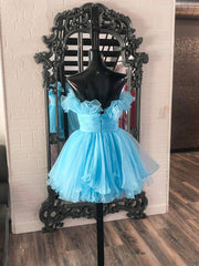 Short Dress, Lovely Blue Strapless A-Line Short Prom Dress, Organza Pleated Ruffle Tiered  Homecoming Dress