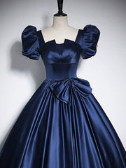 Prom Dresses Unique, Elegant Blue Satin Floor-Length Prom Dresses, Square Neckline Puffy Short Sleeve Bow Formal Dresses