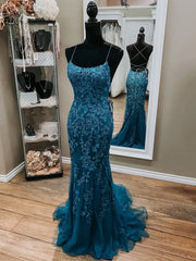 Party Dresses Size 29, Mermaid Backless Dark Teal Lace Long Prom Dresses