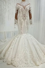 Wedding Dress Aesthetic, Mermaid High Collar Floor Length Tulle Applique Paillette Wedding Dress