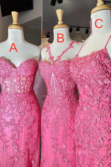 Bridesmaid Dress Long Sleeve, Mermaid Hot Pink Lace Long Prom Dress, Long Hot Pink Formal Graduation Evening Dress