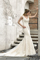 Wedding Dresses Satin, Mermaid Ivory V neck Lace Wedding Dresses with Ruffless Train