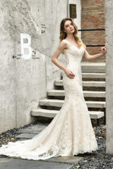 Wedding Dress Satin, Mermaid Ivory V neck Lace Wedding Dresses with Ruffless Train