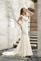 Wedding Dresses Princess, Mermaid Ivory V neck Lace Wedding Dresses with Ruffless Train