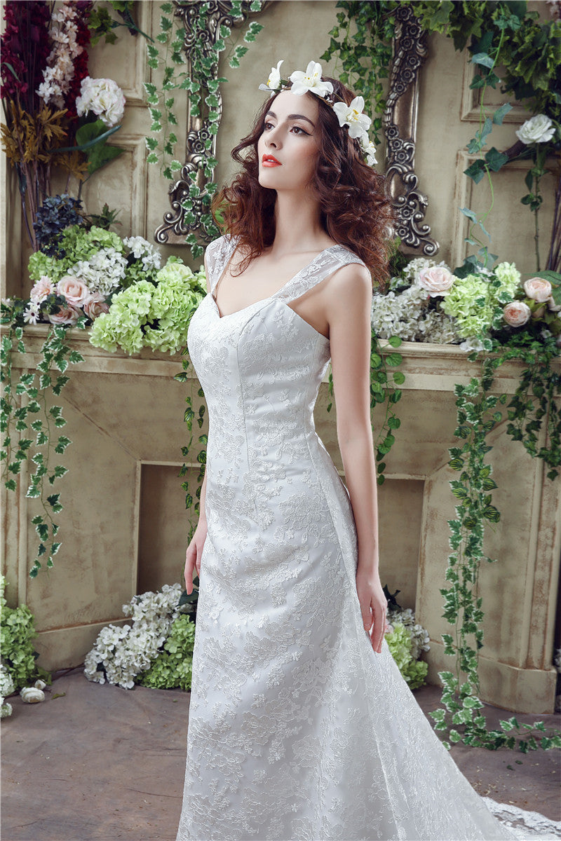 Wedding Dresses Sale, Mermaid Lace Sleeveless V-Neck Chapel Train Wedding Gowns