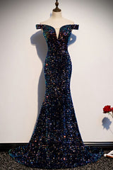 Party Dress Winter, mermaid navy blue sequins evening dress with off the shoulder top prom dress formal dress