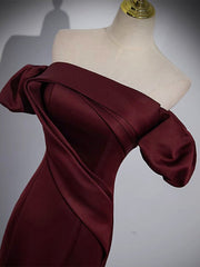 Evening Dress For Weddings, Mermaid off Shoulder Satin Burgundy Long Prom Dress, Burgundy Formal Dress