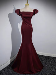 Evening Dress For Wedding, Mermaid off Shoulder Satin Burgundy Long Prom Dress, Burgundy Formal Dress