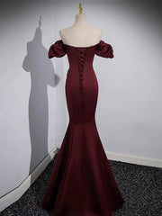 Evening Dresses For Wedding, Mermaid off Shoulder Satin Burgundy Long Prom Dress, Burgundy Formal Dress