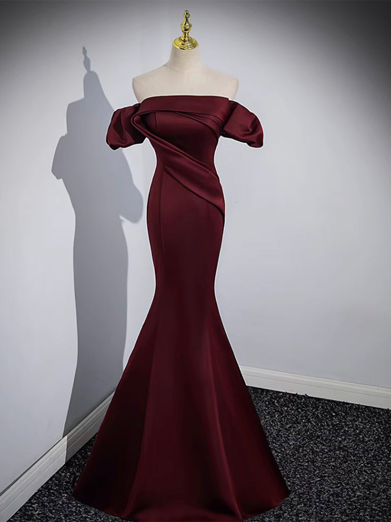 Evening Dress For Party, Mermaid off Shoulder Satin Burgundy Long Prom Dress, Burgundy Formal Dress