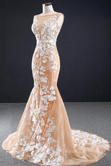 Prom Outfit, Mermaid Open Back Champagne Lace Long Prom Dresses, Champagne Lace Formal Dresses, Champagne Evening Dresses